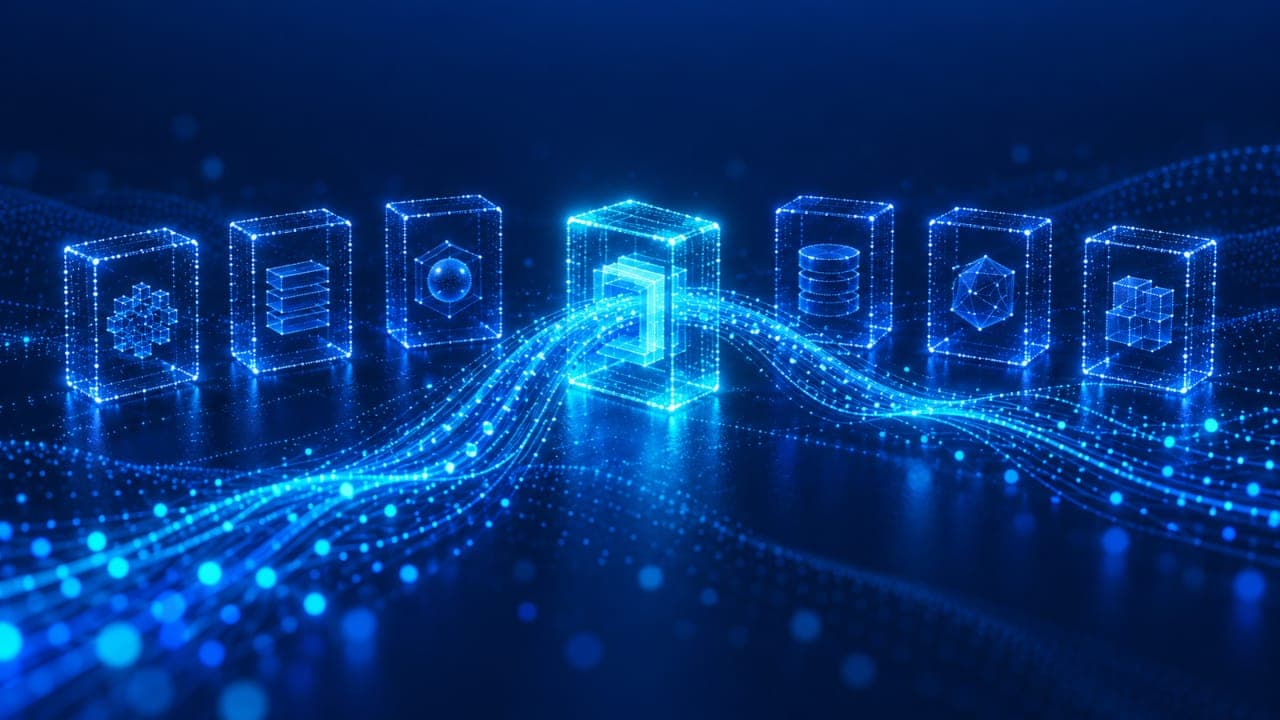 Seven glowing wireframe cubes in a row on a dark blue field, linked by streams of light flowing through the center cube